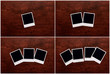 Empty instant photos on wooden table background collage of 4 pho