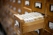 database concept. vintage cabinet. library card or file catalog.