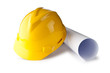 Hard hat and drawings isolated on white