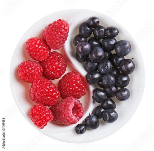 Photo: Red raspberry versus black bilberry in Yang Yin shaped plate, is Red raspberry versus black bilberry in Yang Yin shaped plate, is