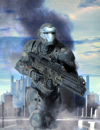 Illustration: futuristic soldier armor at war futuristic soldier armor at war
