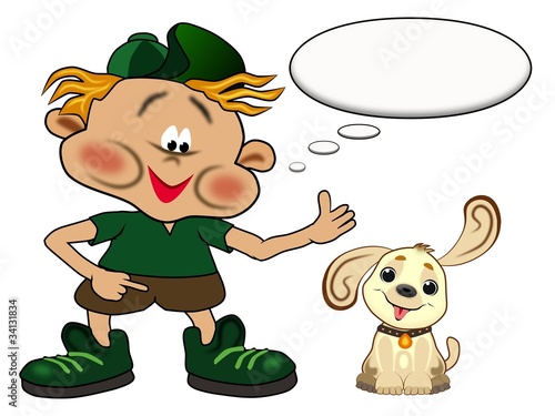 Illustration: Junge mit Hund und Sprechblase Junge mit Hund und Sprechblase