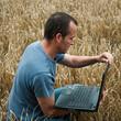 agriculteur et ordinateur dans un champ de blé