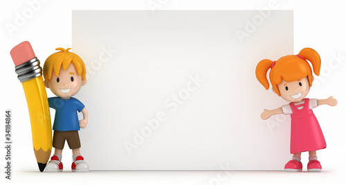 Illustration: 3D Render of Little Boy and Girl with Blank Board 3D Render of Little Boy and Girl with Blank Board