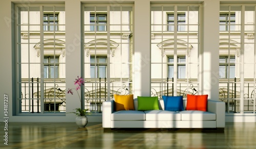 Photo: Wohndesign - weisses Sofa mit Regenbogenkissen Wohndesign - weisses Sofa mit Regenbogenkissen