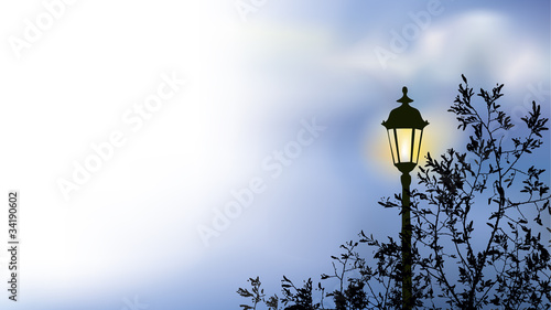 Vector: Glowing lantern near the branches of spring tree Glowing lantern near the branches of spring tree