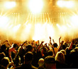 concert crowd in front of bright yellow stage lights concert crowd in front of bright yellow stage lights