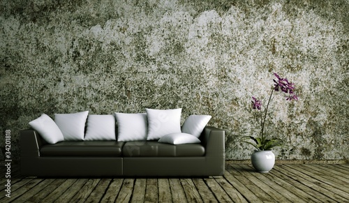 Illustration: Wohndesign - Ledersofa vor Betonwand Wohndesign - Ledersofa vor Betonwand