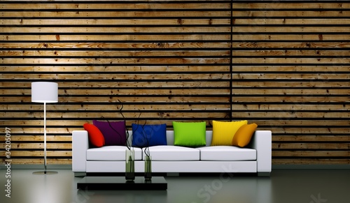 Photo: Wohndesign - weisses Sofa mit Kissen vor Holzwand Wohndesign - weisses Sofa mit Kissen vor Holzwand