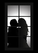 Illustration of a kissing couple seen through the window