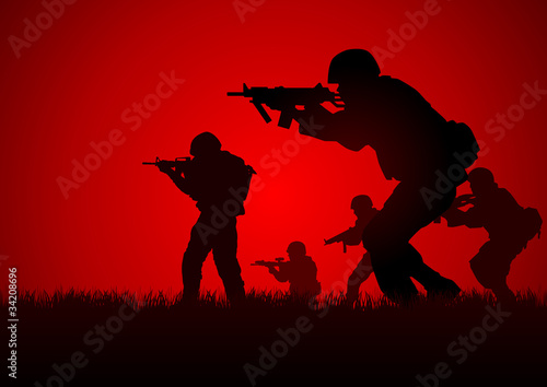 Vector: Illustration of a group of soldiers in assault formation Illustration of a group of soldiers in assault formation