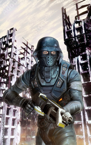 Illustration: futuristic soldier in action at war futuristic soldier in action at war