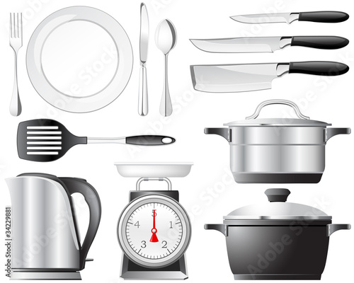 Vector: Kitchenware pots, knives, and other utensils used in the kitchen Kitchenware pots, knives, and other utensils used in the kitchen