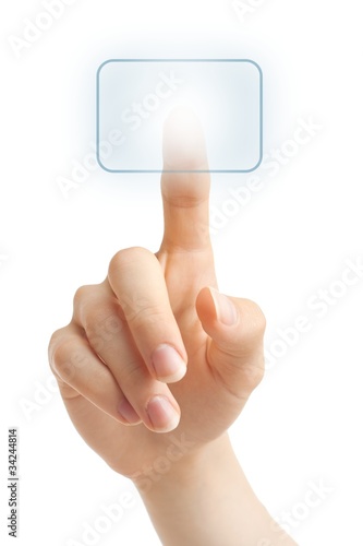 Photo: Hand pushing blue virtual button Hand pushing blue virtual button