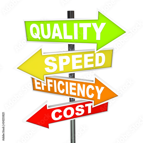 Illustration: Quality Speed Efficiency and Cost Management Process Arrow Signs Quality Speed Efficiency and Cost Management Process Arrow Signs