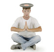 DJ sitting on the floor with vinyl on his head