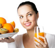 Foto: Woman with citrus fruits and glass of orange juice, isolated Woman with citrus fruits and glass of orange juice, isolated