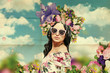 beautiful young woman with flowers on the head, art collage
