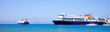 Ferry boat in harbor panoramatic view.