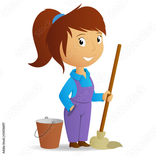 Vector: Cartoon cute girl with swab and bucket Cartoon cute girl with swab and bucket