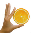 The orange in the hand on the white