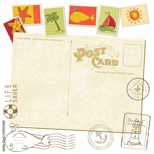 Vector: Retro Invitation postcard with SEA stamps - for design and scrap Retro Invitation postcard with SEA stamps - for design and scrap
