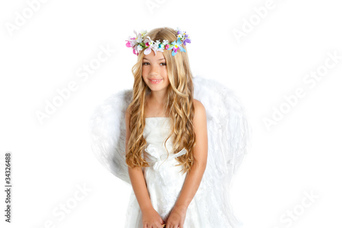 Photo: Angel little girl with wings and children flowers crown Angel little girl with wings and children flowers crown