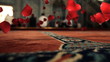 Close up of rose leafs floating and flying over carpet