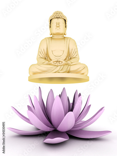 Illustration: image of a gold statue of Buddha and a lotus flower image of a gold statue of Buddha and a lotus flower
