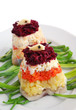 Traditional russian salad with herring, holiday meal