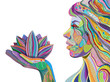 woman face with multicolored indian pattern holding lotus flower