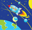 Vektor: Illustration in cartoon style - Rocket fly over the earth Illustration in cartoon style - Rocket fly over the earth