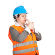 smoking fat female architect or engineer in blue helmet, series