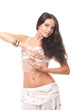 closeup portrait young woman belly dancer in white costume