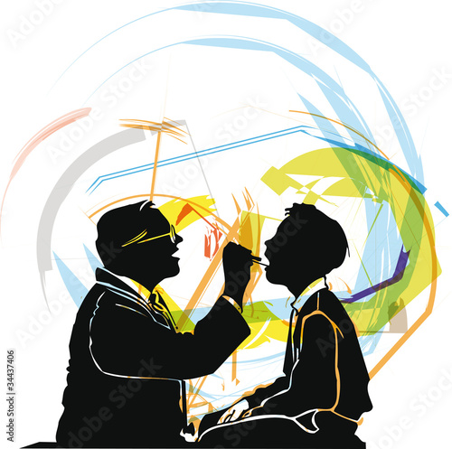 Vector: Doctor examining little boy throat. Doctor examining little boy throat.