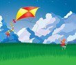 Little boy with orange hair flying a kite. Vector illustration. Little boy with orange hair flying a kite. Vector illustration.