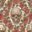 Seamless ornament in a retro style with skulls and roses