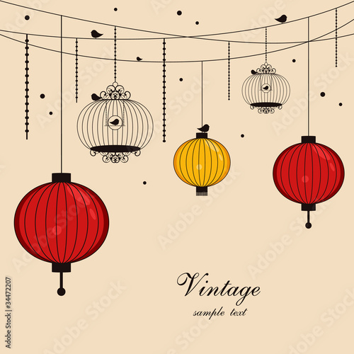 Vector: hanging lanterns and birdcages with space for text hanging lanterns and birdcages with space for text