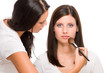 Make-up artist woman fashion model apply powder Make-up artist woman fashion model apply powder