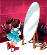 little girl in the mirror trying on shoes