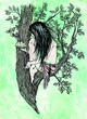 little forest elf with lily flower in her hand on a tree branch little forest elf with lily flower in her hand on a tree branch