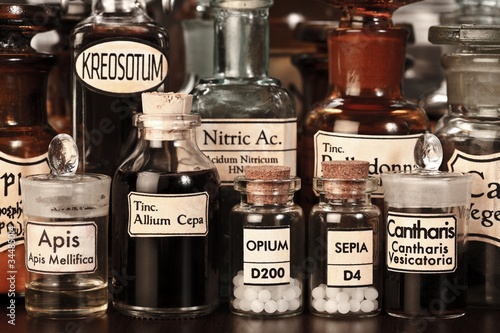 Photo: Various pharmacy bottles of homeopathic medicine Various pharmacy bottles of homeopathic medicine