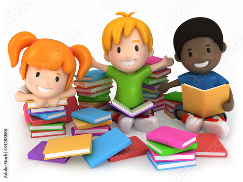 Illustration: 3D Render of Kids Surrounded by Books 3D Render of Kids Surrounded by Books