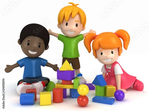 Illustration: 3D Render of kids Playing Building Blocks 3D Render of kids Playing Building Blocks
