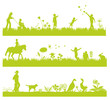 green landscape banners with people and animals