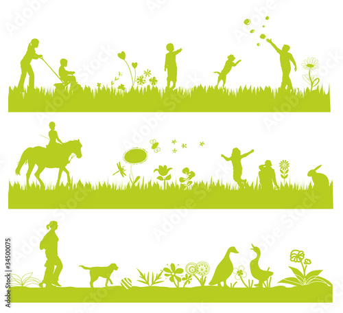Vector: green landscape banners with people and animals green landscape banners with people and animals