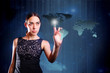 attractive woman touching a world map in the future