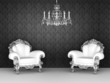 Luxurious armchairs in baroque interior. Ornament wallpapers.