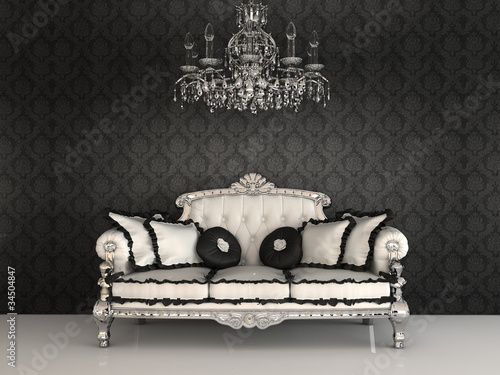 Illustration: Royal sofa with pillows and chandelier in luxurious interior wit Royal sofa with pillows and chandelier in luxurious interior wit