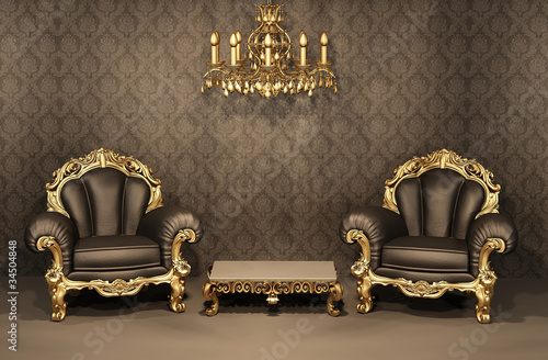 Illustration: Armchairs with gold frame in old interior. Luxurious furniture. Armchairs with gold frame in old interior. Luxurious furniture.